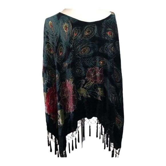 Coldwater Creek peacock poncho velvety with fringe excellent like new condition - Picture 4 of 15